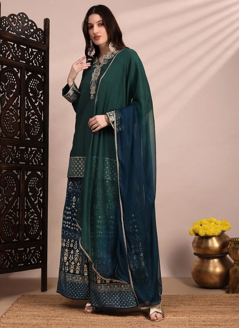 globus Green Globus Women Green Zari Embroidered Yoke Round Neck Short Kurta With Allover Foil Printed Sharara & Ombre Dupatta Festive Set for Women | Best Price UAE